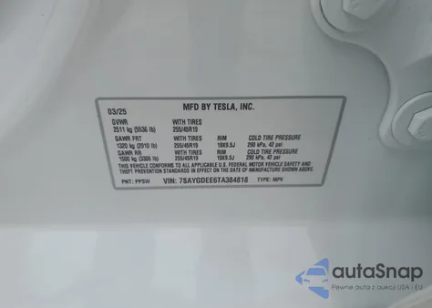 2026 Tesla Model Y from USA, damaged, VIN 7SAYGDEE6TA384818